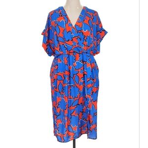 Eloquii Blue & Red Floral Wrap-Style Midi Dress | Size 16
